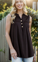 Sleeveless V Neck Solid Black Top with Front Button Detail- Size 3X