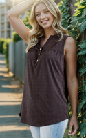 Sleeveless V Neck Solid Black Top with Front Button Detail- Size 3X