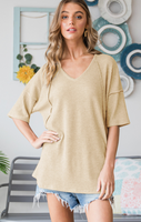 Oatmeal Half Sleeve Solid Waffle Top with Stitch- Size 3X