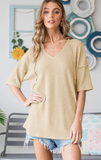 Oatmeal Half Sleeve Solid Waffle Top with Stitch- Size 3X