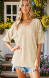 Oatmeal Half Sleeve Solid Waffle Top with Stitch- Size 3X