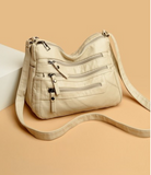 VEGAN LEATHER MULTI ZIPPER POCKET CROSSBODY SHOULDER BAG- OFF WHITE