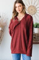 DRAWSTRING HOOD SOLID AND RIBBED TOP- Burgundy