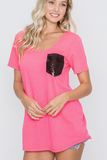 Solid Top with Black Sequins Pocket- Neon Pink