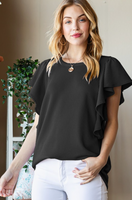 Short Ruffled Sleeve Solid Black Urban Ribbed Top